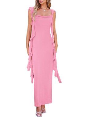 Women's Pink Wedding Guest Dress Sleeveless Ruffle Formal Cocktail Party Maxi